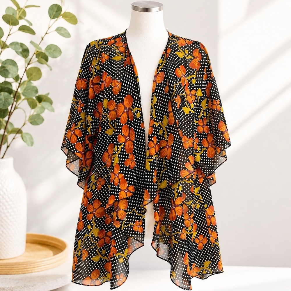 LuLaRoe Floral Polka Dot Kimono L Orange Black Sheer Boho Duster Flowy Whimsical